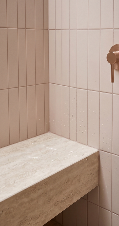 Vertically stacked pink rectangular clay tiles by Clay Imports lining a shower with a wet travertine bench and bronze faucet.