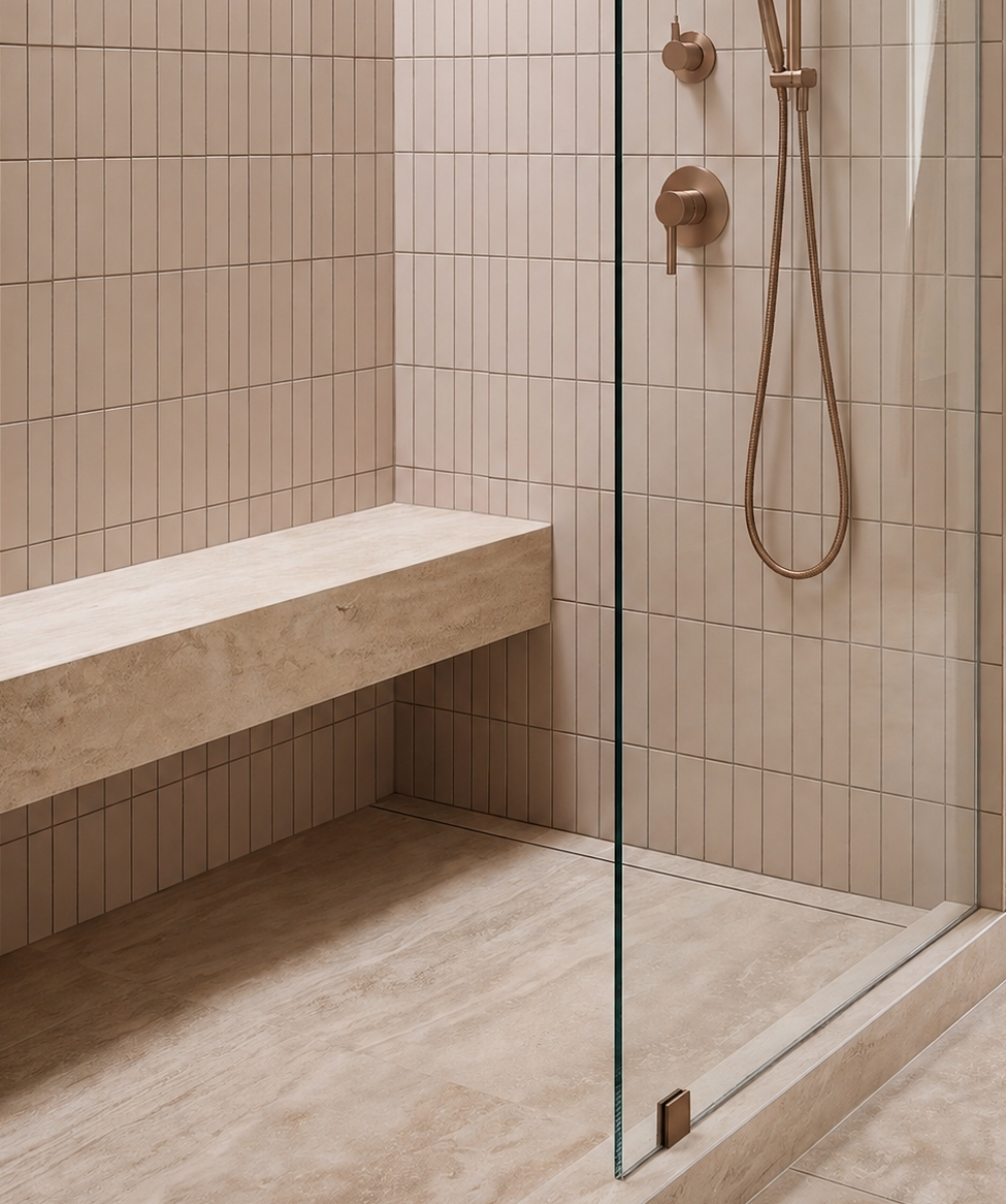 A modern walk-in shower area with beige rectangular wall and floor tiles, a matching stone-look bench, and bronze-toned shower hardware behind a clear glass door.