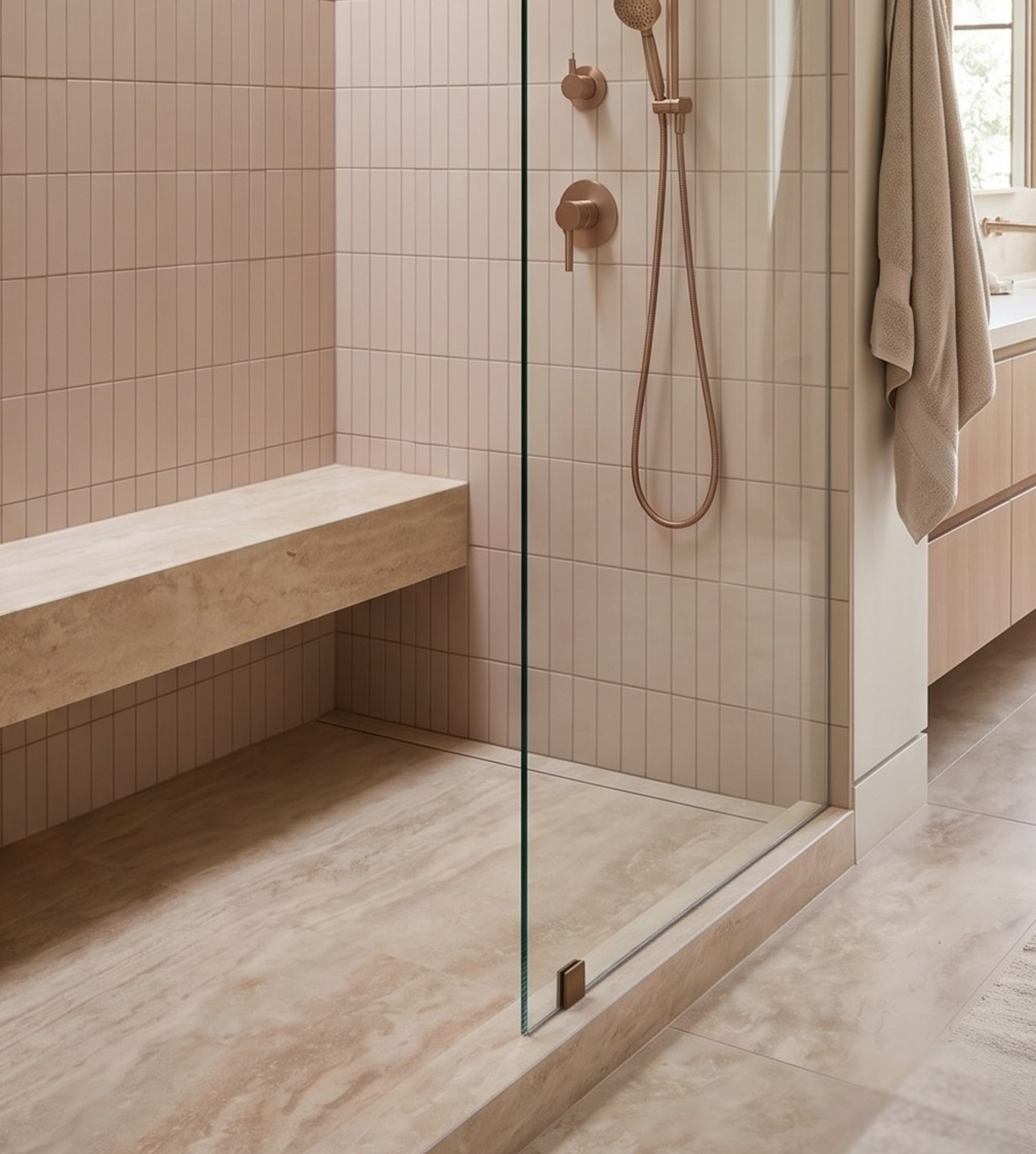 Rosado Desperado 2x8 clay tiles by Clay Imports arranged vertically in a modern shower.