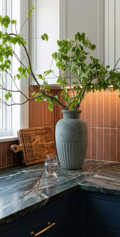 Umber Cotto tile by Clay Imports, vertically arranged as a kitchen backsplash above dark marble and navy cabinets.