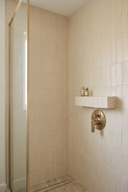 A modern shower corner with beige rectangular wall tiles, a gold-tone shower valve and frame, a small white floating shelf with bottles, and a glass shower door on the left.