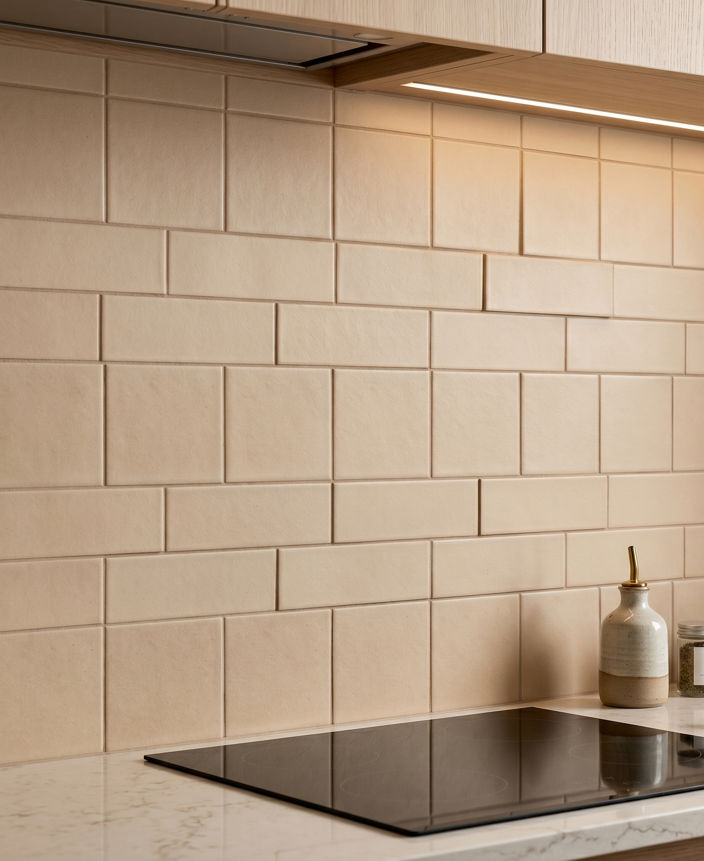 Light beige 4.25x4.25 inch Twig clay tiles by Clay Imports, installed as a mixed pattern kitchen backsplash under warm lighting.
