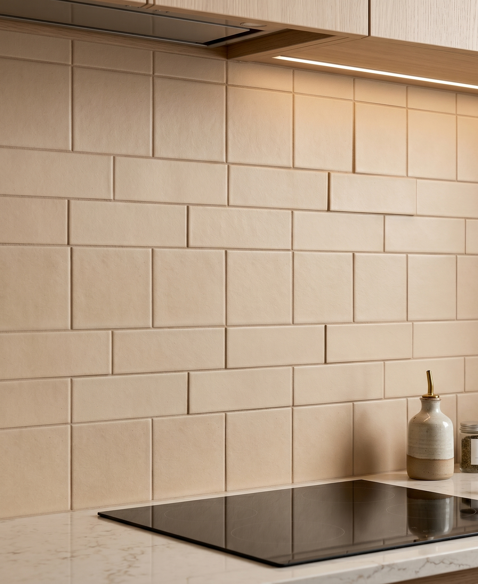 Light beige 4.25x4.25 inch Twig clay tiles by Clay Imports, installed as a mixed pattern kitchen backsplash under warm lighting.