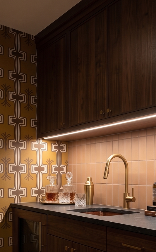 Tequila 2x6 clay tiles by Clay Imports in a peachy terra cotta vertical stack pattern as a wet bar backsplash.