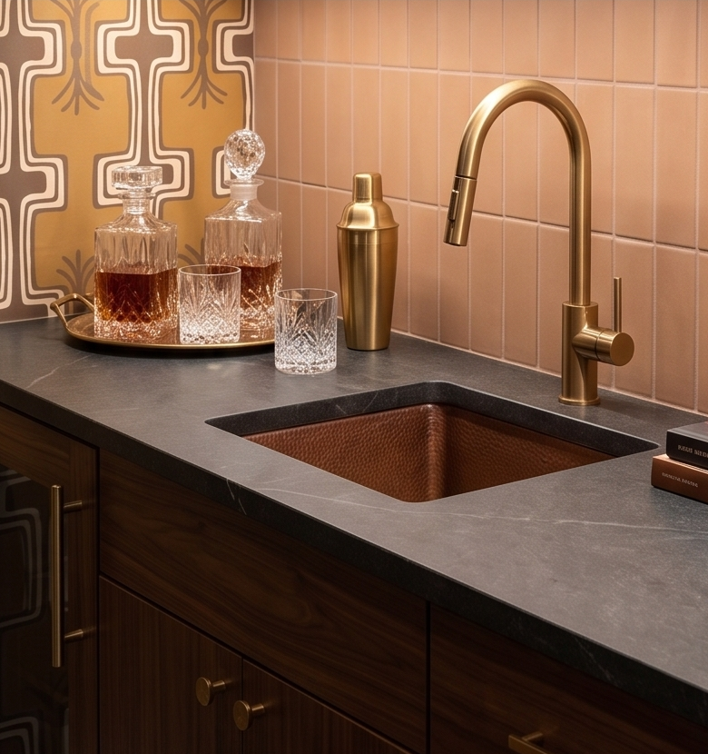 Rectangular terracotta clay tile by Clay Imports in a warm subway pattern backsplash.