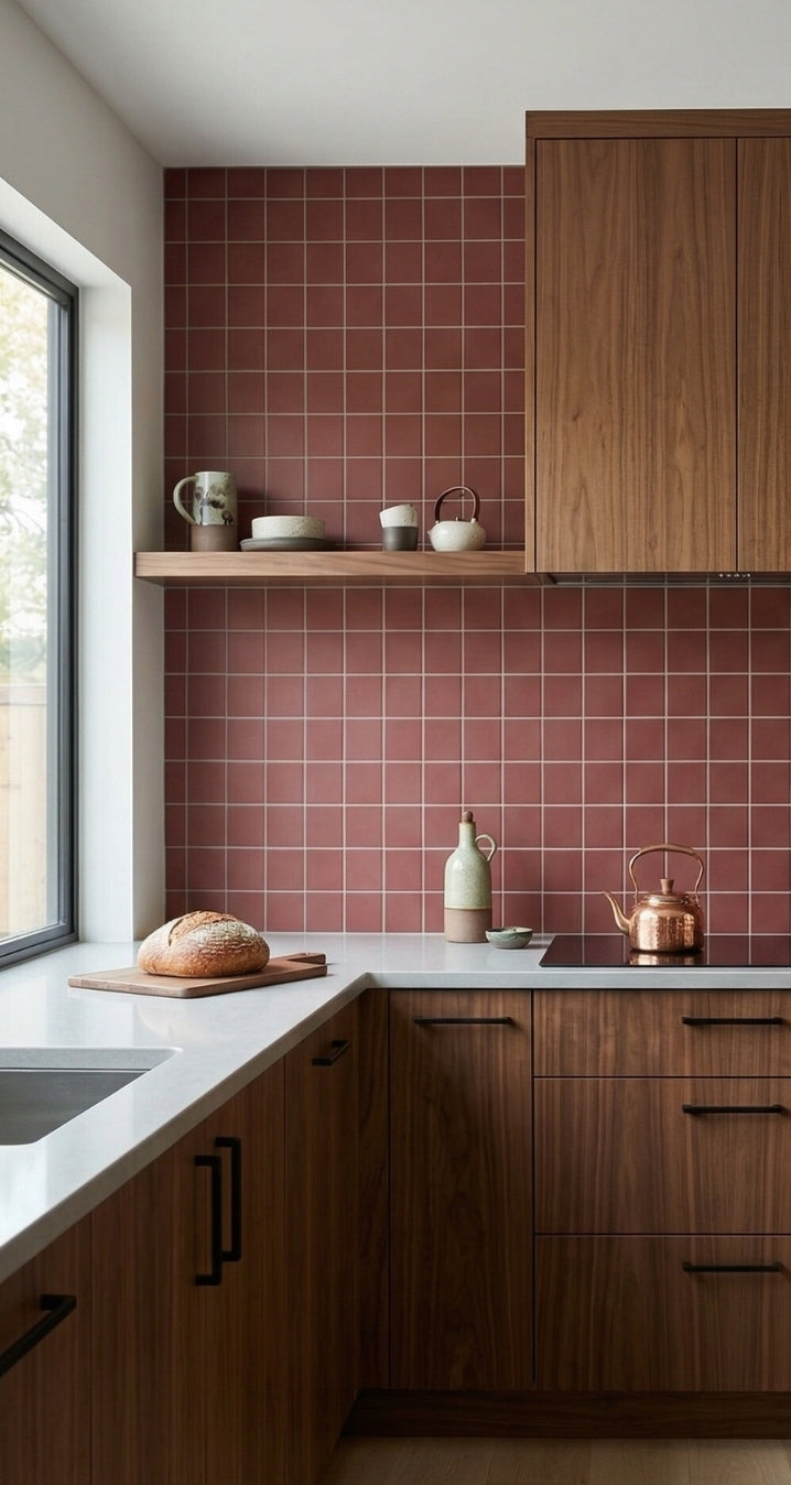 Austin Dusk meshed 2x2 clay tile by Clay Imports as a reddish-brown kitchen backsplash with light grout lines, alongside warm wood cabinets.