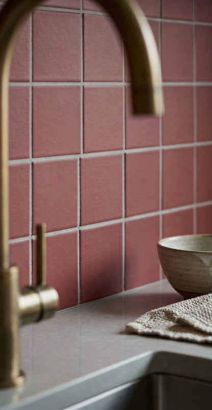 Austin Dusk 2x2 meshed clay tiles by Clay Imports, in a matte dusty red with light grey grout, as a kitchen backsplash.