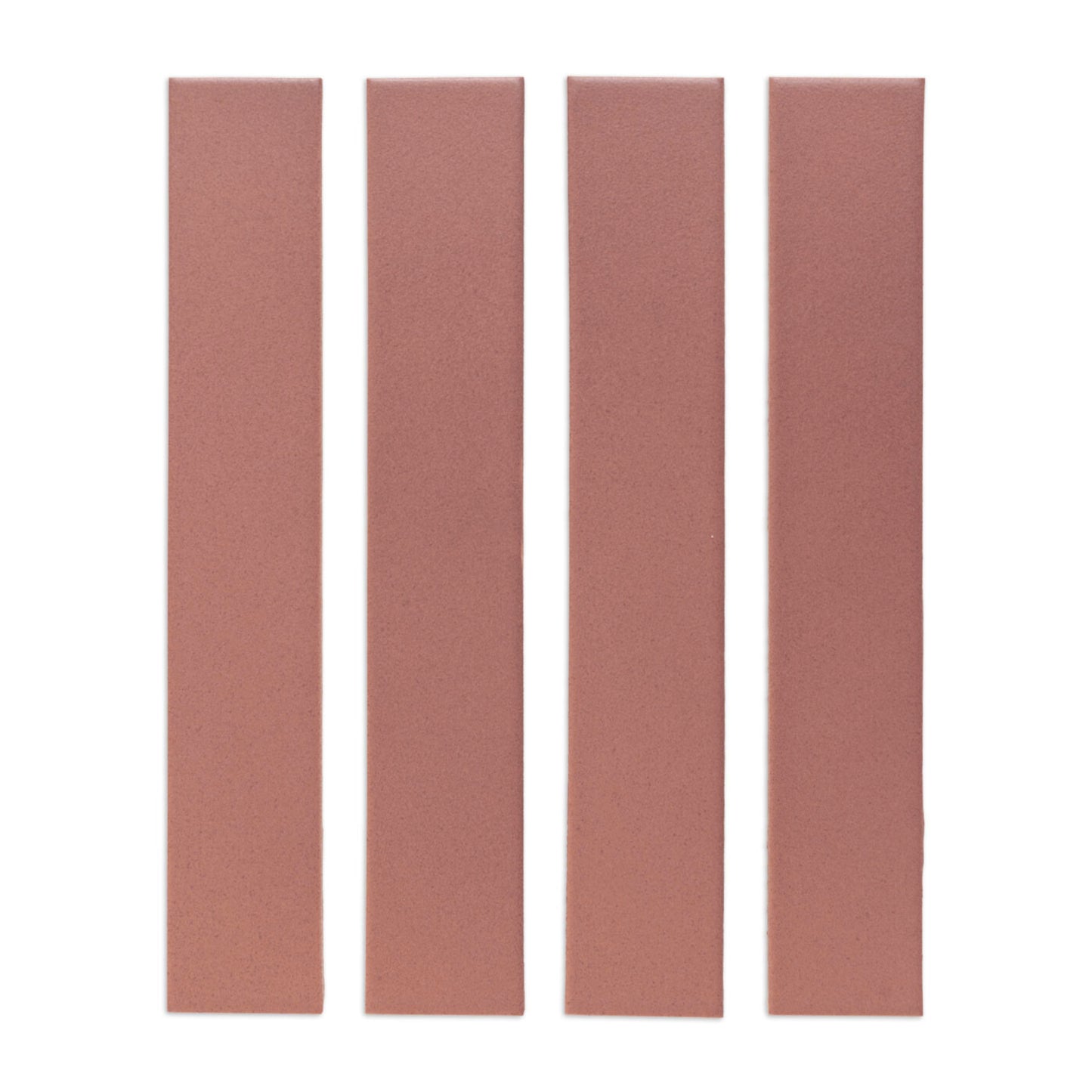 Four reddish-brown Lava Rock Matte 2x12 solid tiles by Clay Imports, with a granular texture.