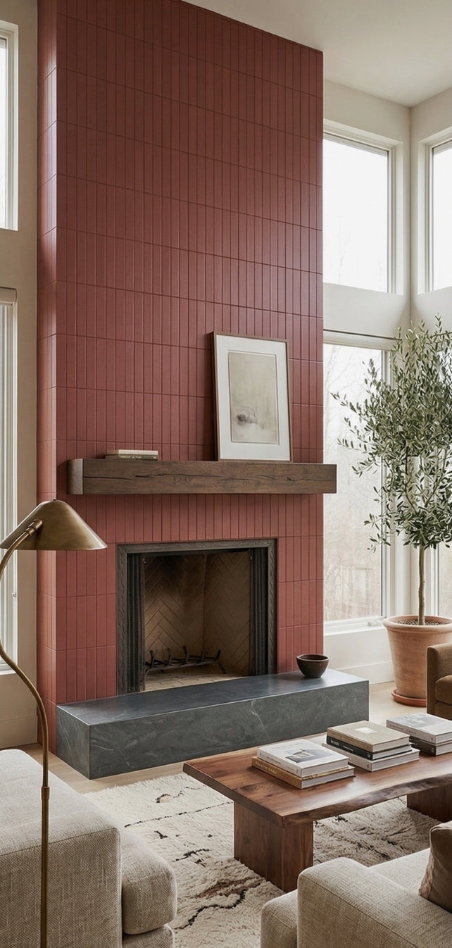 Lava Rock Matte 2x12 Solid Tile by Clay Imports, installed vertically on a tall fireplace in a modern living room.