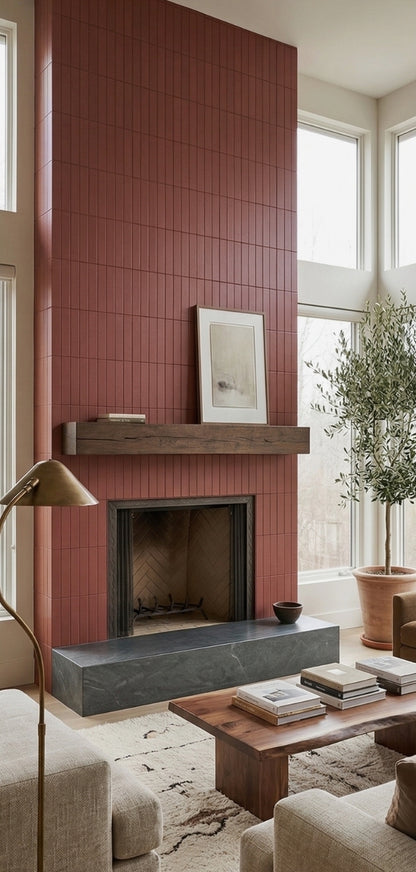 Lava Rock Matte 2x12 Solid Tile by Clay Imports, installed vertically on a tall fireplace in a modern living room.