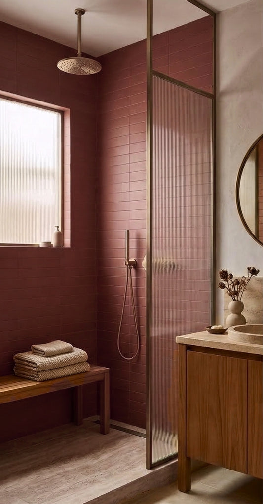 Lava Rock Matte 2x12 Solid Tile by Clay Imports, in a warm reddish-brown shower with a fluted glass screen and wooden bench.