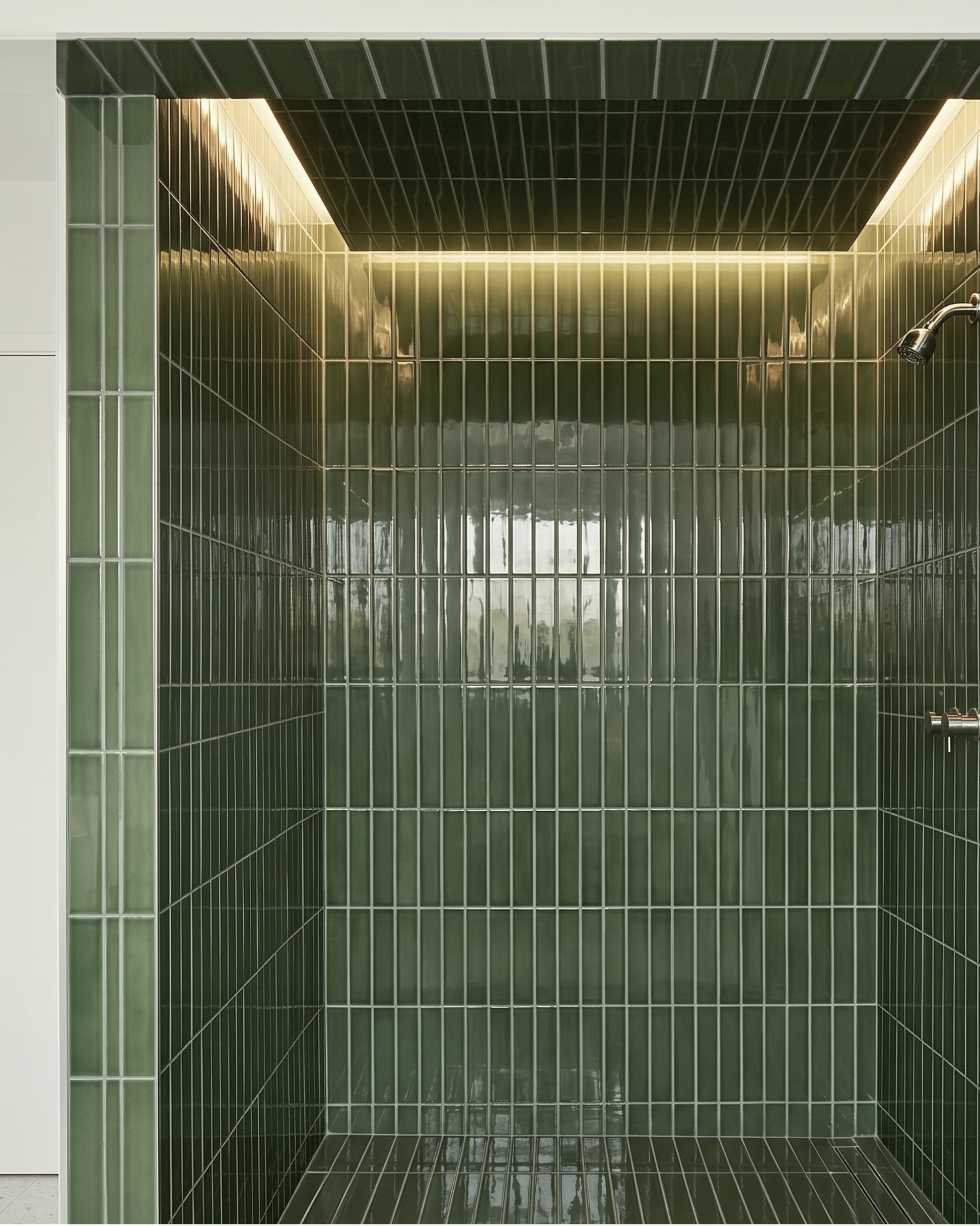 A modern walk-in shower enclosure with glossy dark green rectangular tiles, a matching tiled wall and ceiling, a curved showerhead, and warm linear lighting along the top edge.