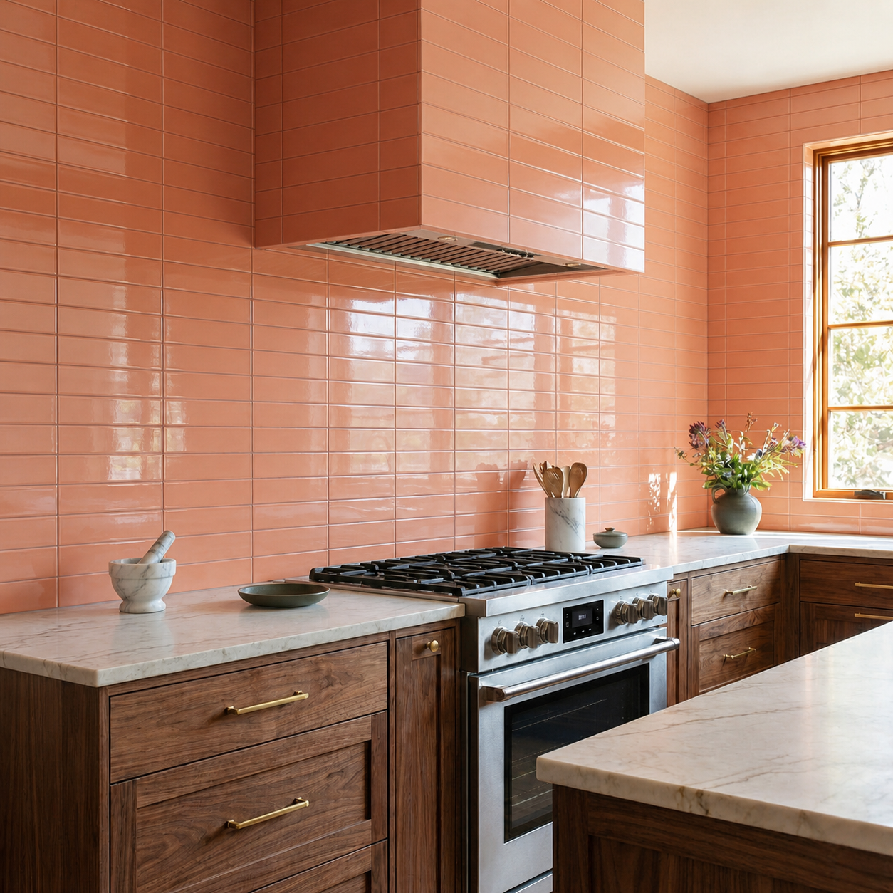 Glossy coral solid tile from Clay Imports, arranged in a horizontal subway pattern on a kitchen backsplash.