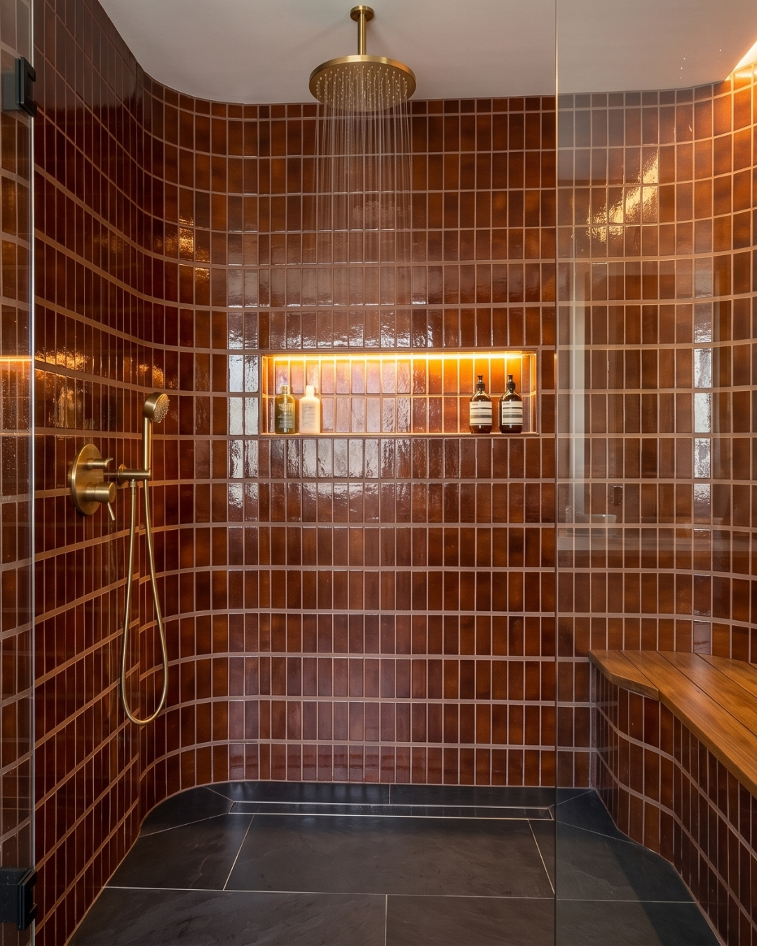A modern shower cabinetry interior with glossy brown rectangular wall tiles, a gold rain shower head, a built-in wooden bench, and a dark stone floor.