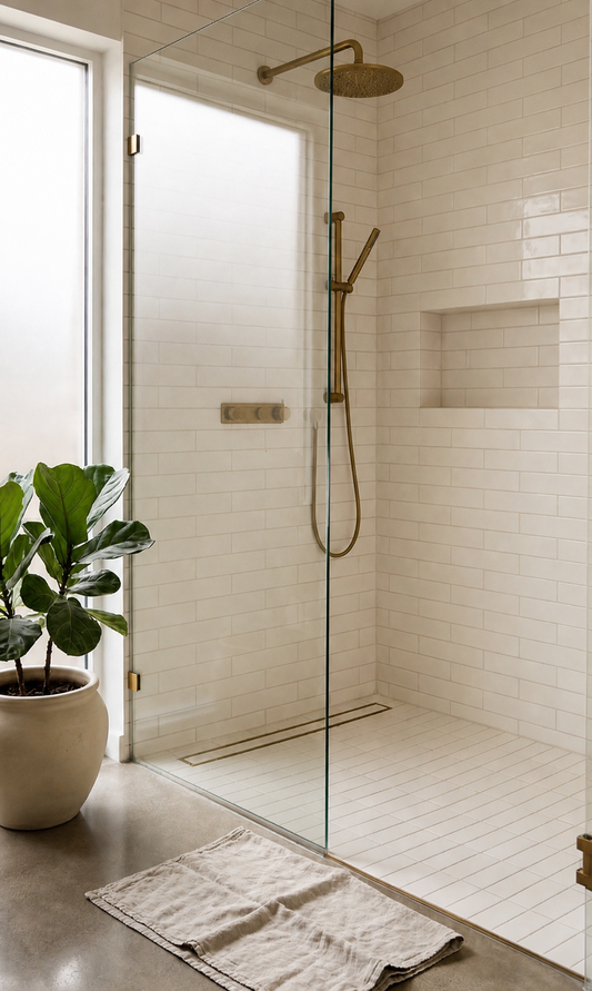 Fossil Gloss 2x5 solid tile from Clay Imports, light off-white with glossy finish and subway pattern in a modern shower.