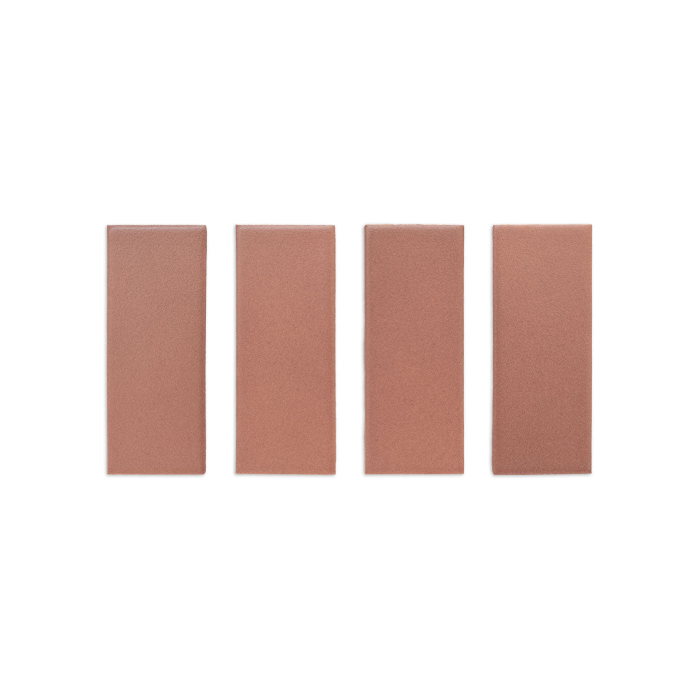 Four matte reddish-brown 2x5 solid tiles by Clay Imports, arranged horizontally on a white background.