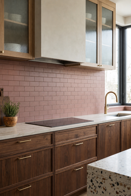Lava Rock Matte 2x5 solid tile by Clay Imports, forming a subway pattern backsplash in a modern kitchen.