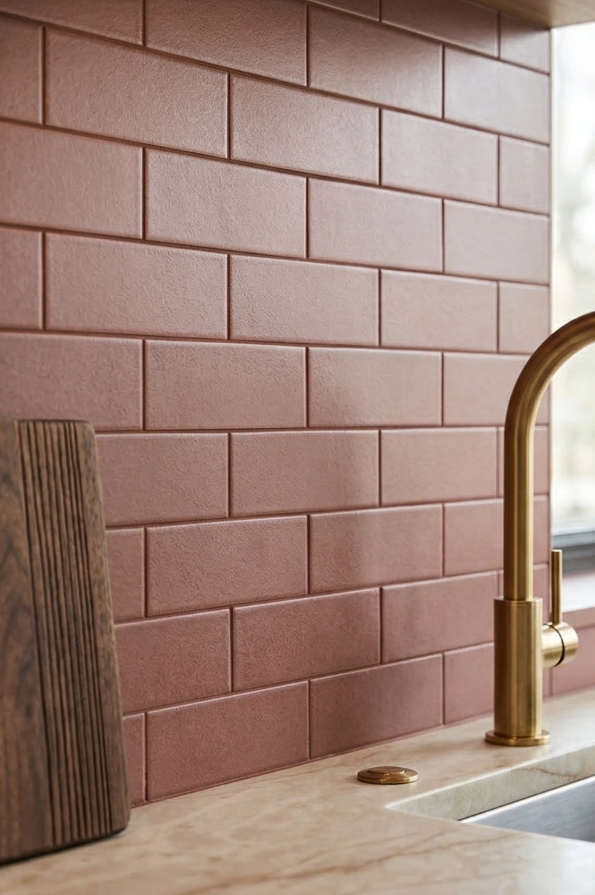 Matte reddish-brown 2x5 solid tile from Clay Imports, with a subtle texture, installed as a kitchen backsplash.