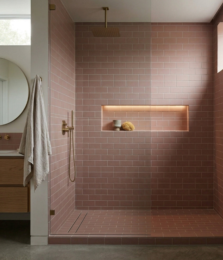 Rosewater Matte 2x5 solid tile by Clay Imports in a subway pattern, with gold fixtures and a lighted recessed niche in a modern shower.