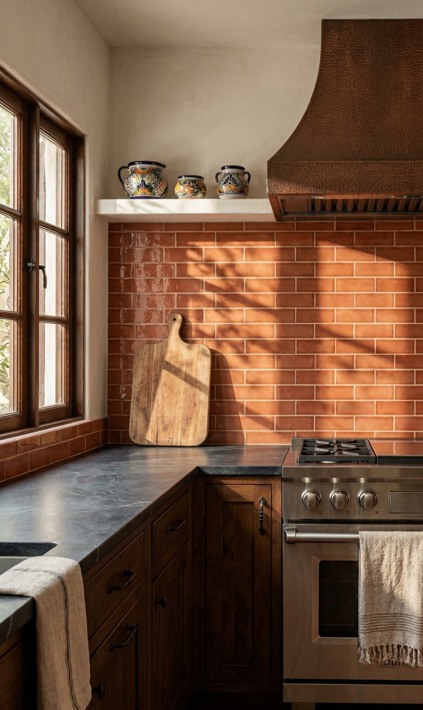 Tamarindo Gloss solid tiles by Clay Imports in a shiny reddish-brown subway pattern kitchen backsplash.