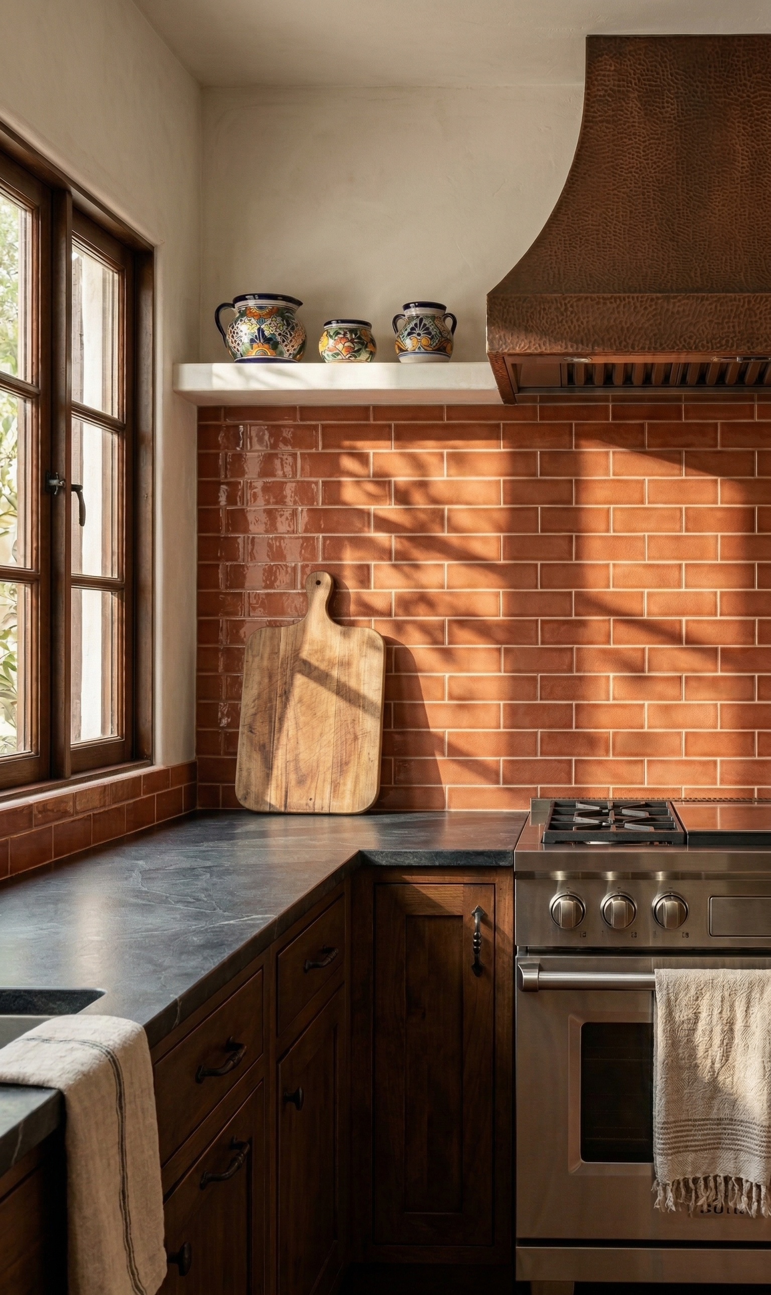 Tamarindo Gloss solid tiles by Clay Imports in a shiny reddish-brown subway pattern kitchen backsplash.