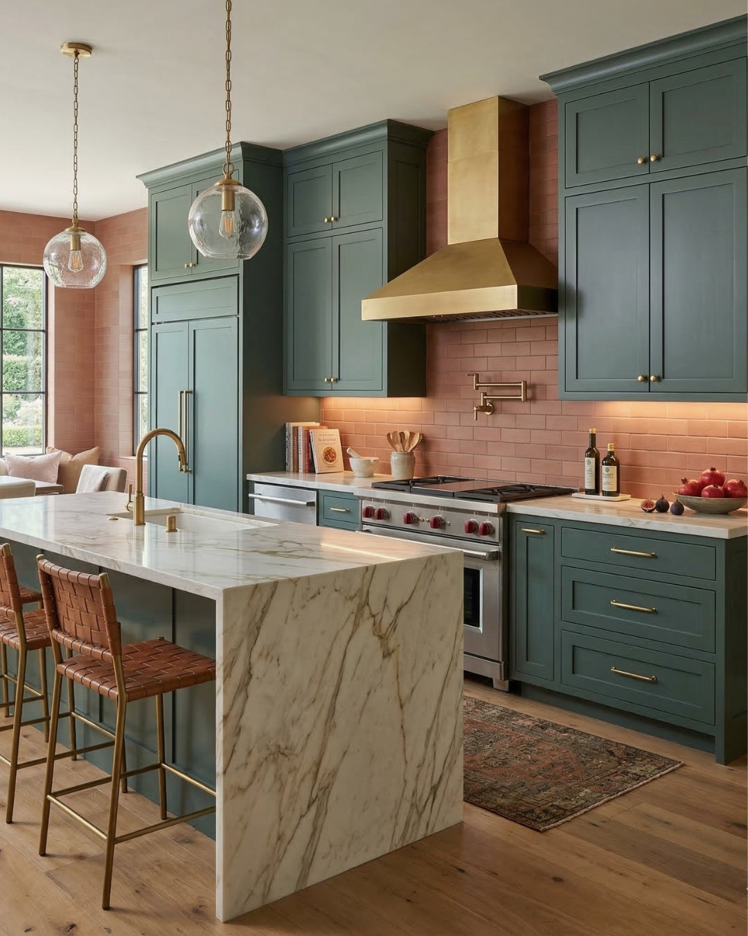 Pink granite 2x6 clay tiles by Clay Imports, forming a kitchen backsplash with dark green cabinets and brass accents.