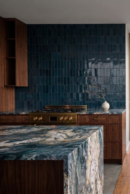 Rio 2x6 Solid Tile by Clay Imports, a glossy dark teal backsplash with an uneven finish.