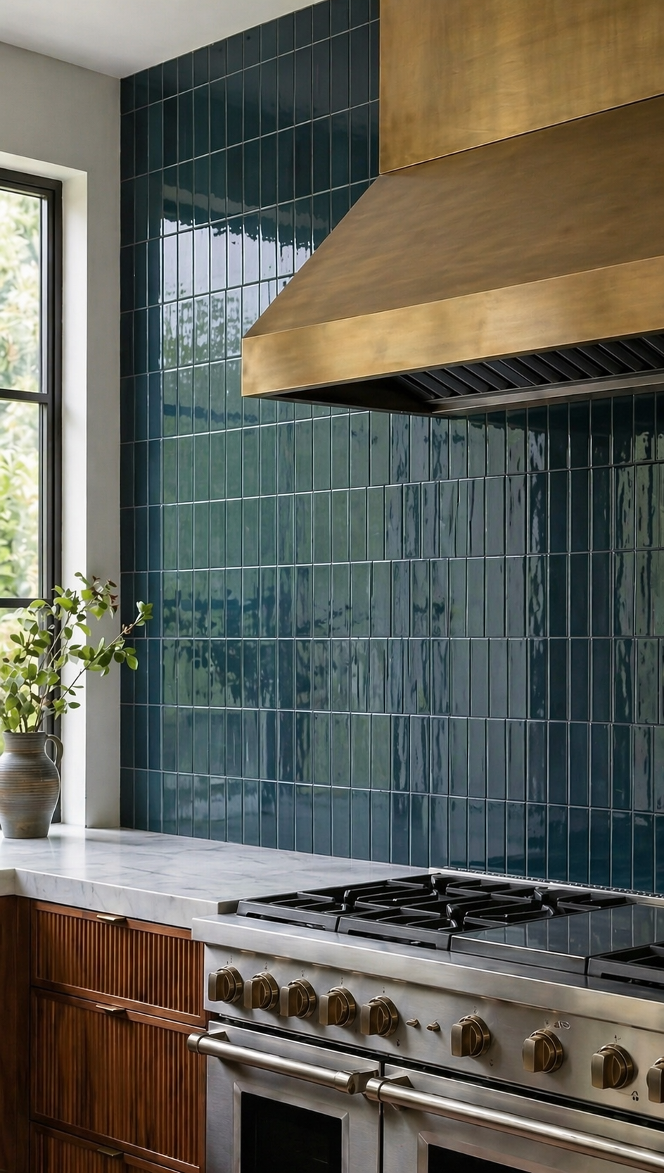Dark teal glossy rectangular solid tile from Clay Imports arranged vertically on a kitchen backsplash with a brass hood.