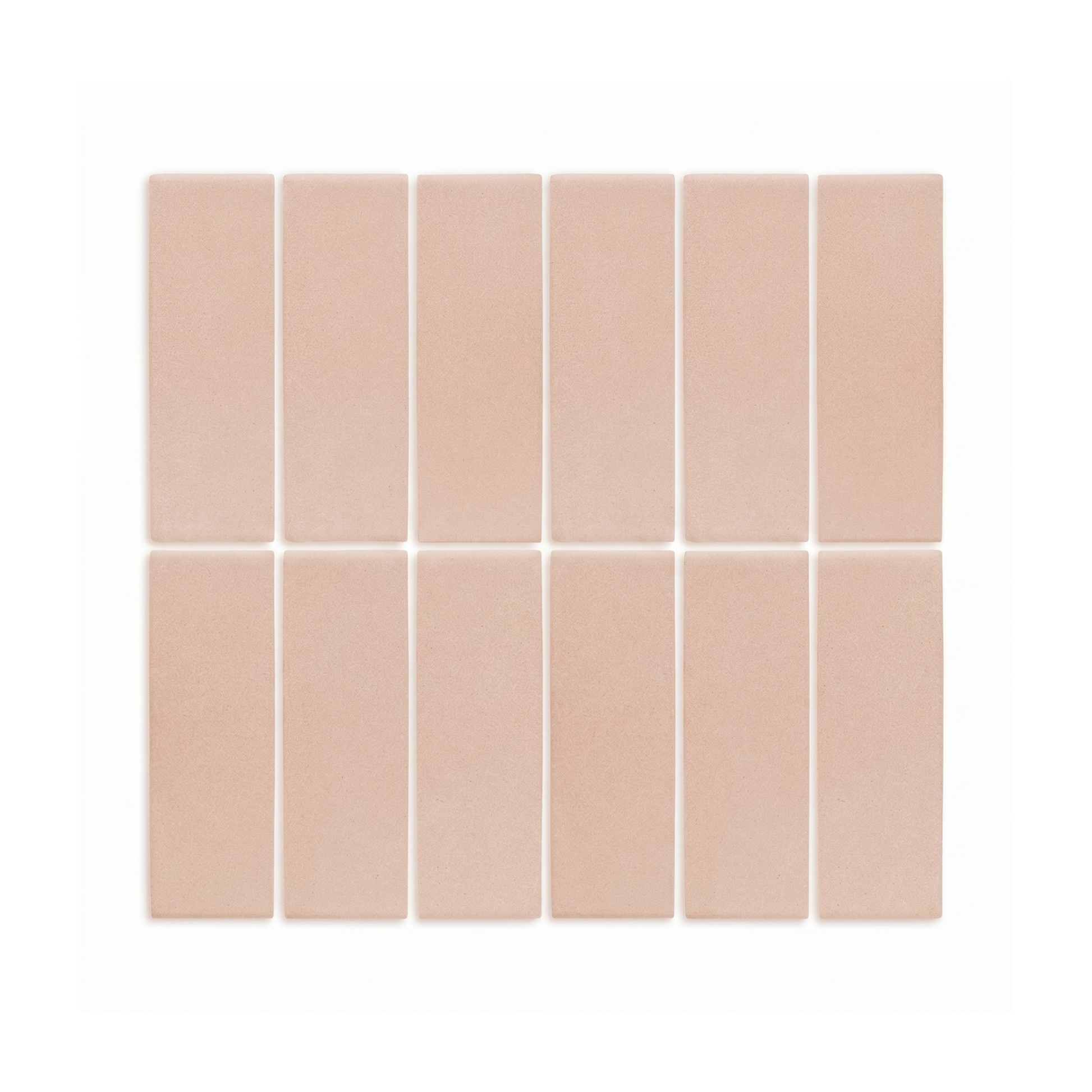 Rectangular sandy peach-beige clay tiles by Clay Imports with a subtle textured finish, arranged in two rows of six on a white background.
