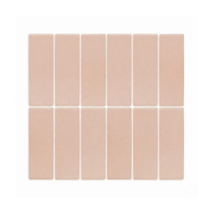 Rectangular sandy peach-beige clay tiles by Clay Imports with a subtle textured finish, arranged in two rows of six on a white background.