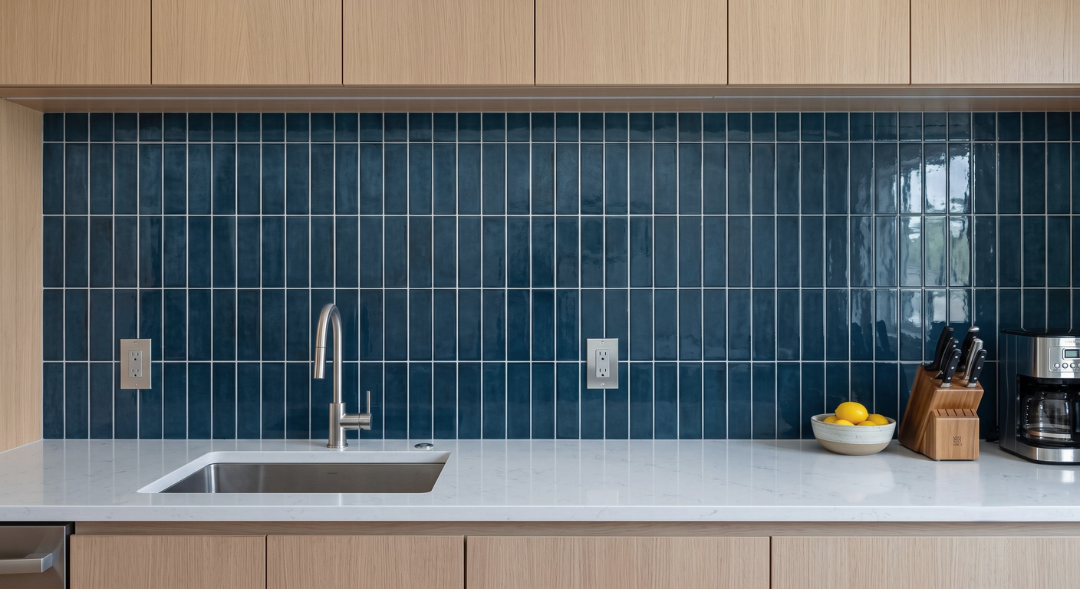 A modern kitchen backsplash featuring glossy dark blue rectangular tiles in a grid pattern, installed behind a white countertop with a stainless steel sink and faucet.