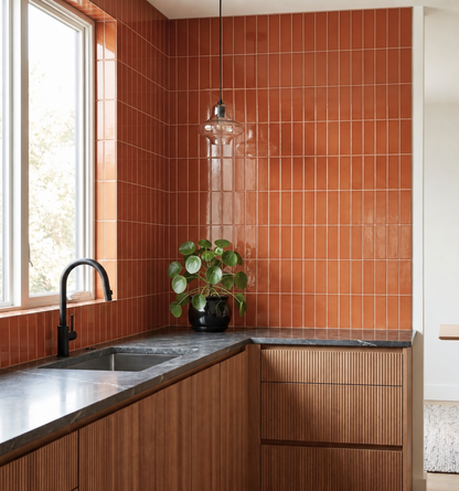 Whiskey 2x6 Solid Tile by Clay Imports, a reddish-brown glossy tile installed vertically as a kitchen backsplash.