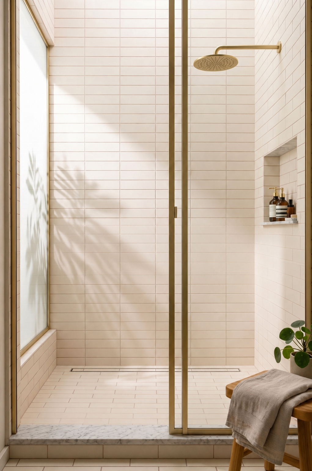 Light beige Hailstone 2x8 clay tiles by Clay Imports lining a modern shower with brass fixtures.