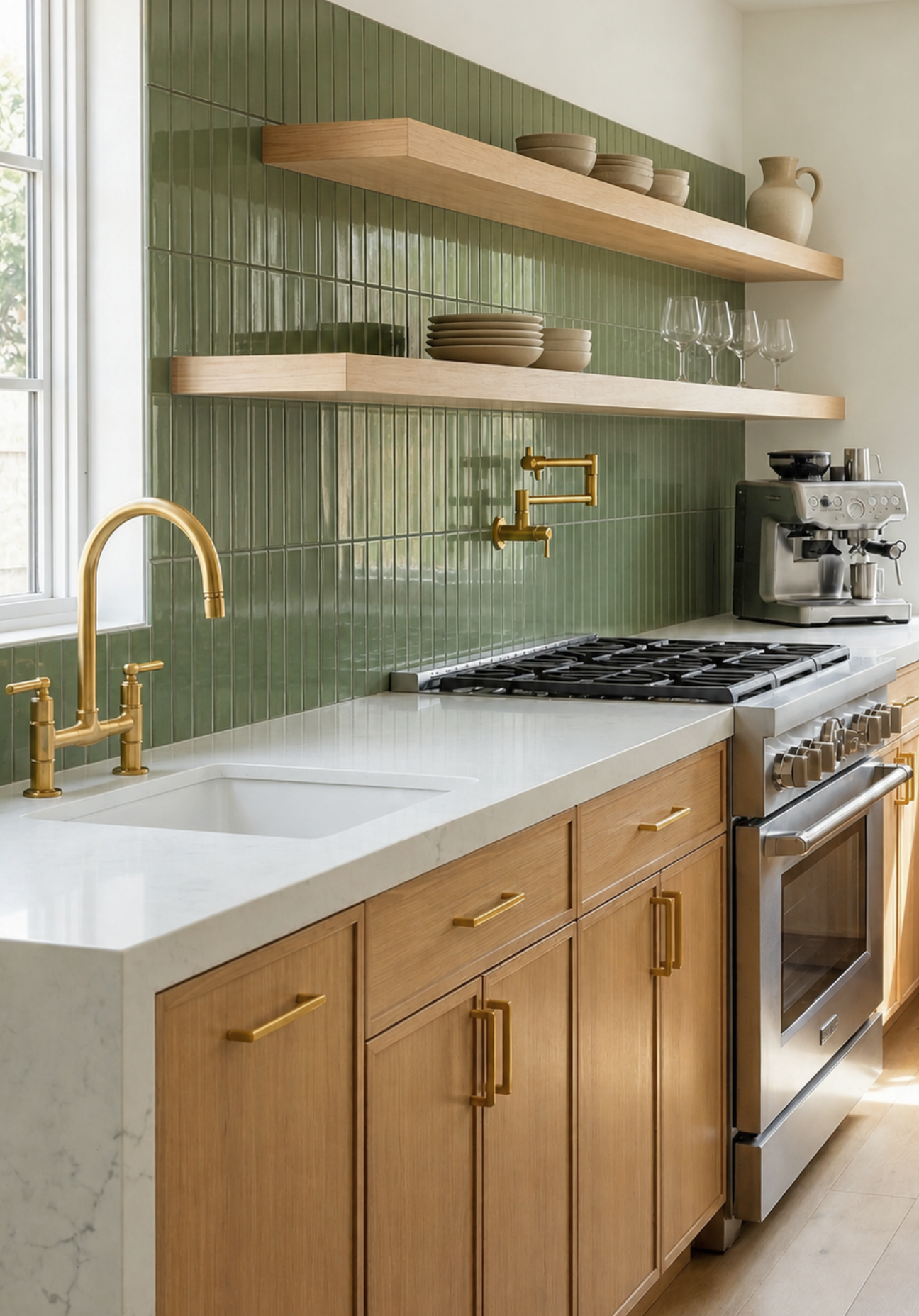 Glossy green 2x8 solid tile by Clay Imports with vertical texture, installed as a kitchen backsplash.