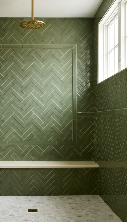 Glossy dark green solid tiles by Clay Imports in a herringbone pattern with a border, installed in a shower with a gold showerhead and white bench.