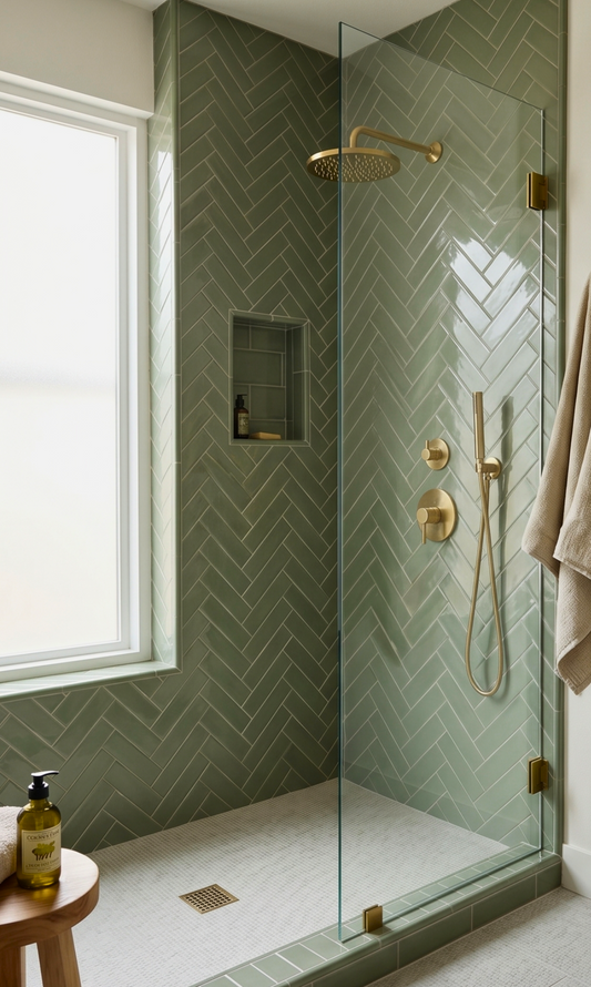 Green glossy 2x8 solid tile by Clay Imports in a herringbone pattern on a shower wall.