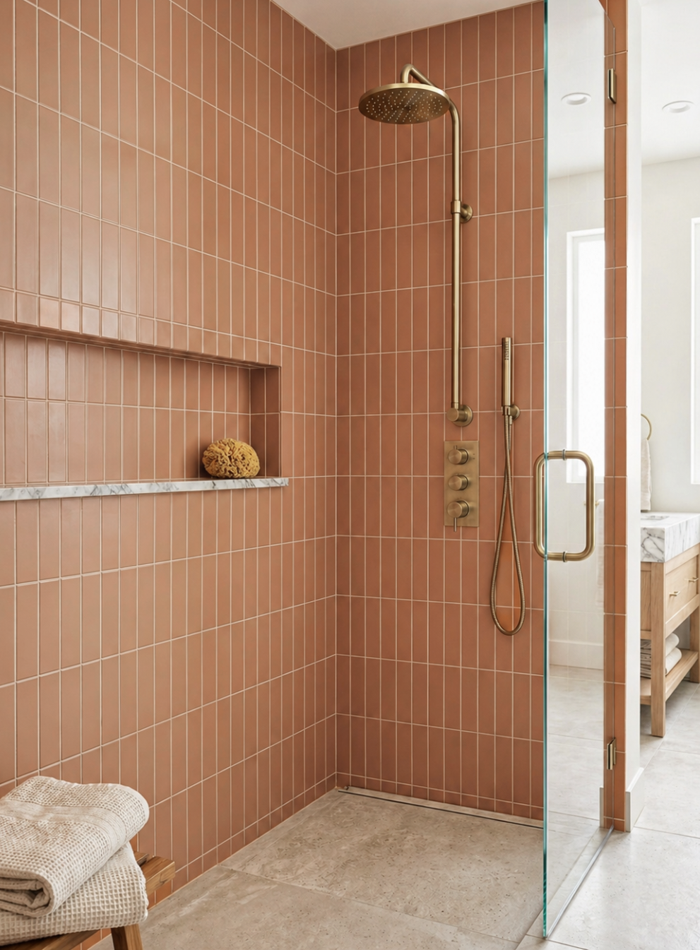 Terracotta 2x8 clay tiles by Clay Imports arranged vertically in a shower with brass fixtures.