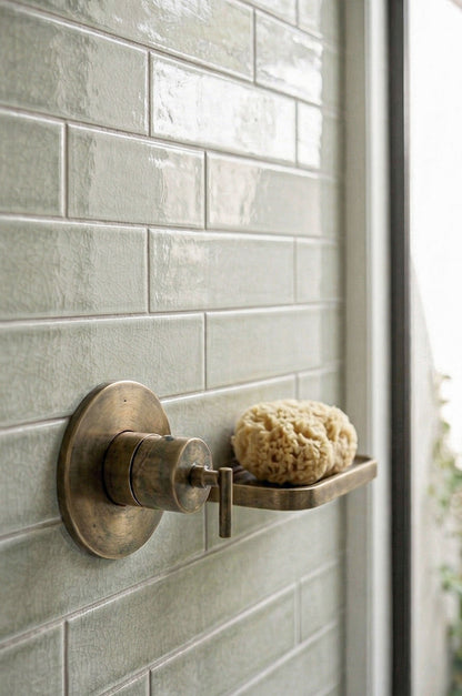 Light green 2x8 solid tiles by Clay Imports with a crackle gloss finish, installed in a shower with brass fixtures.