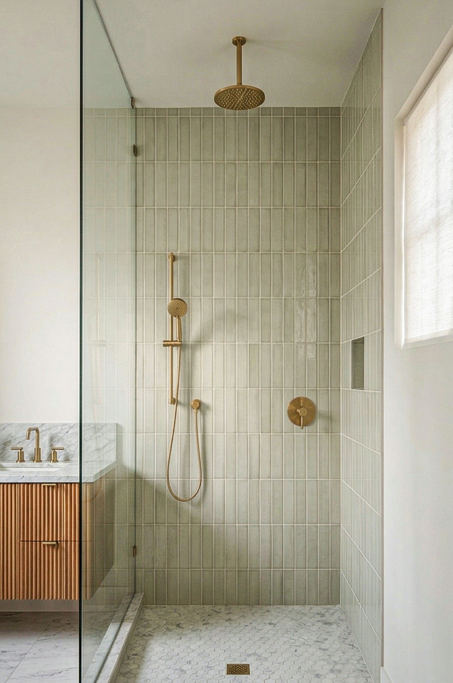 Yucca crackle gloss 2x8 solid tile by Clay Imports, vertically stacked in a modern shower with brass fixtures and hexagonal floor tiles.
