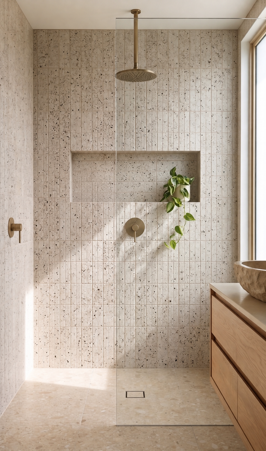 Pepper 2x8 clay tiles by Clay Imports, light beige with dark speckles, installed vertically in a modern shower.