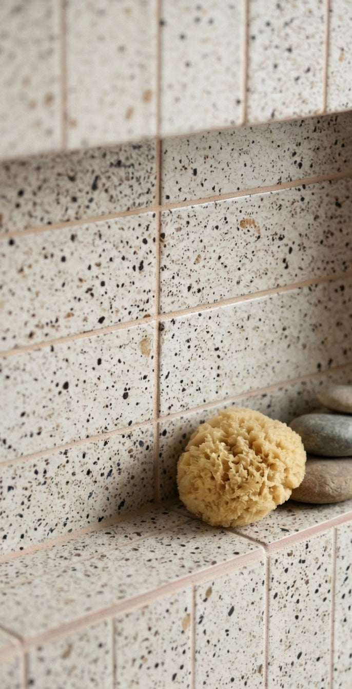 Pepper 2x8 clay tiles with speckled design by Clay Imports in a bathroom niche with a natural sponge and river stones.