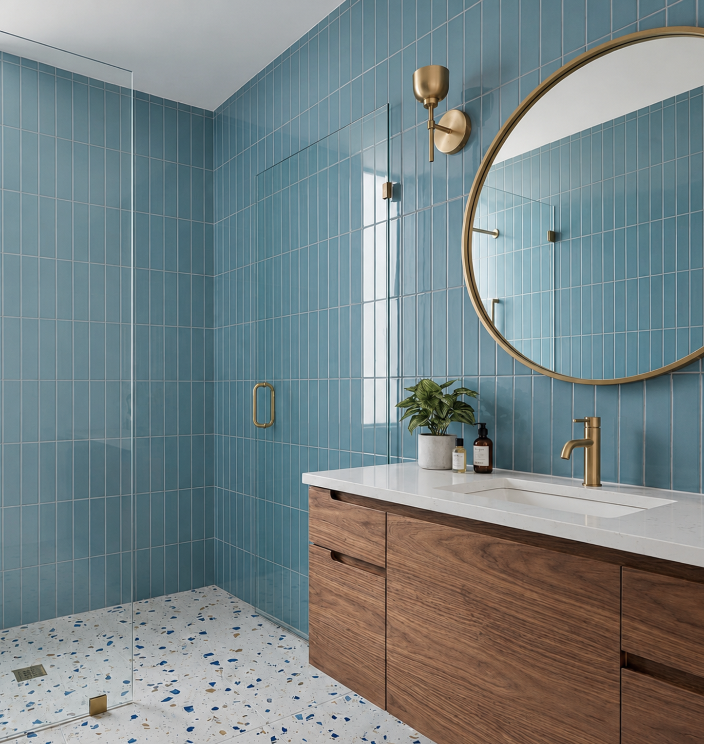 Modern bathroom with blue tiled walls, wooden vanity, and round mirror.