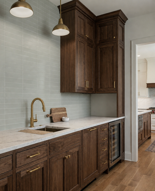 Light sage green matte 2x8 solid tile by Clay Imports on a kitchen backsplash with dark wood cabinets and marble countertop.