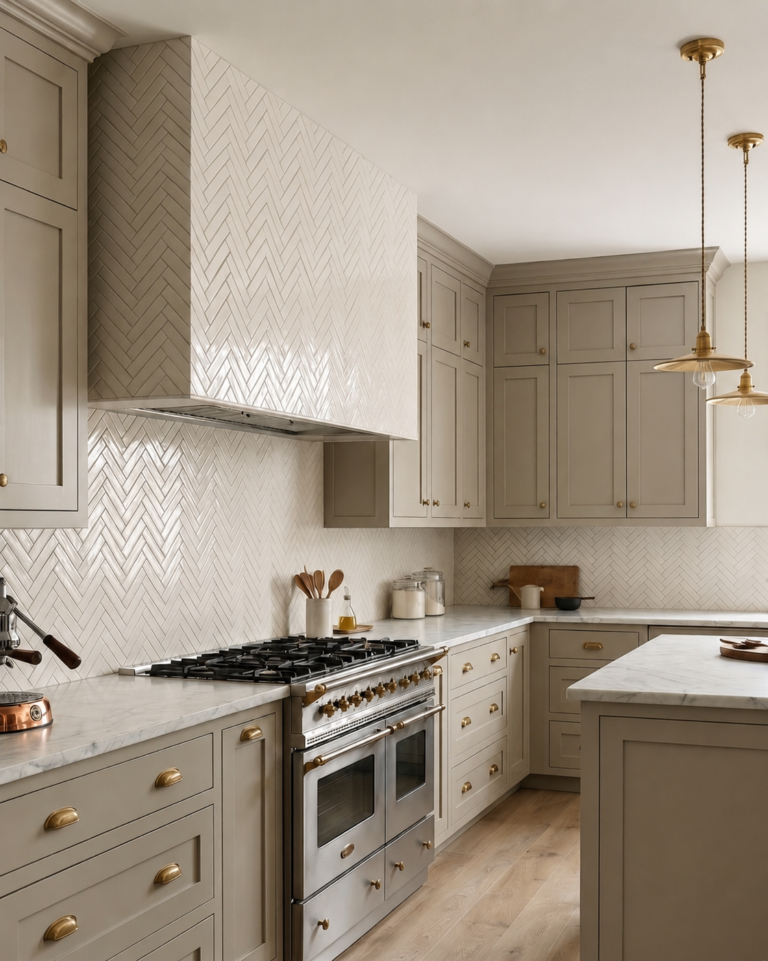 Glossy light beige 2x8 solid tile by Clay Imports, laid in a herringbone pattern on a kitchen backsplash.