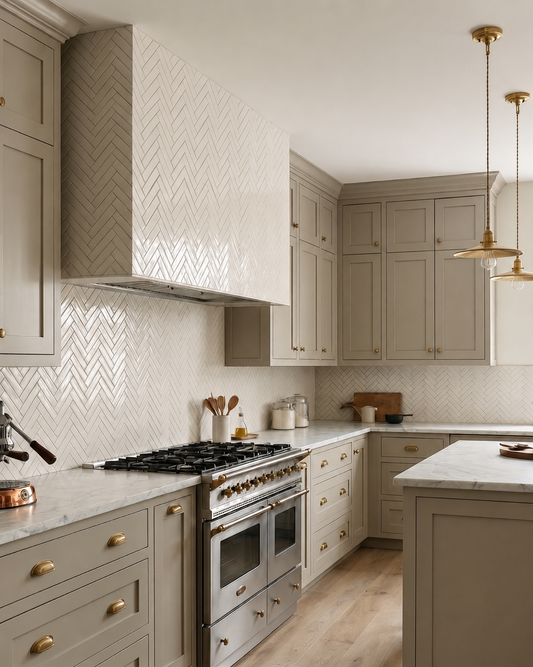 Glossy light beige 2x8 solid tile by Clay Imports, laid in a herringbone pattern on a kitchen backsplash.