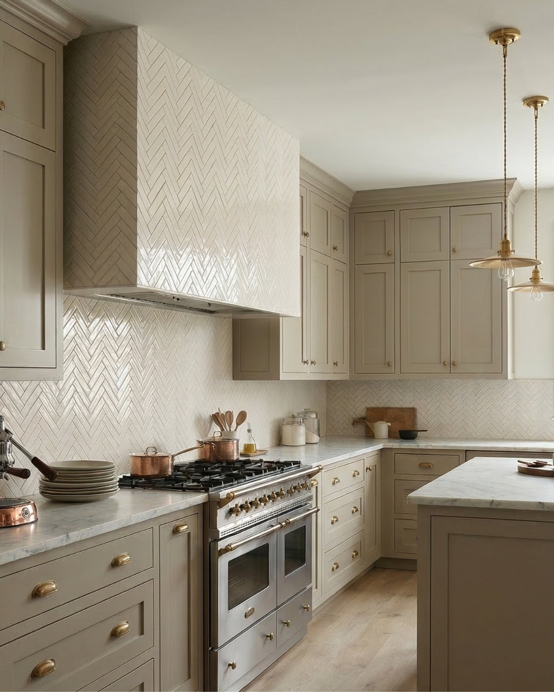 Glossy light beige 2x8 solid tile by Clay Imports, laid in a herringbone pattern on a kitchen backsplash.