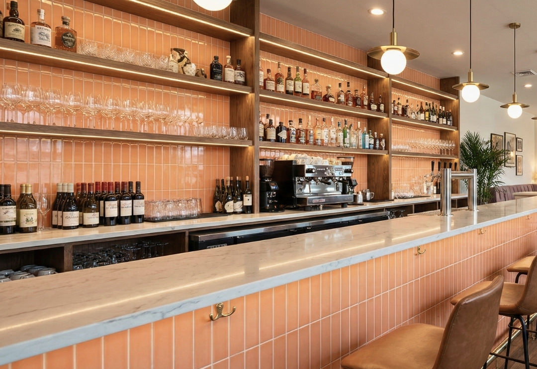 Glossy peach solid tile by Clay Imports, laid vertically on a bar wall with illuminated wooden shelves.