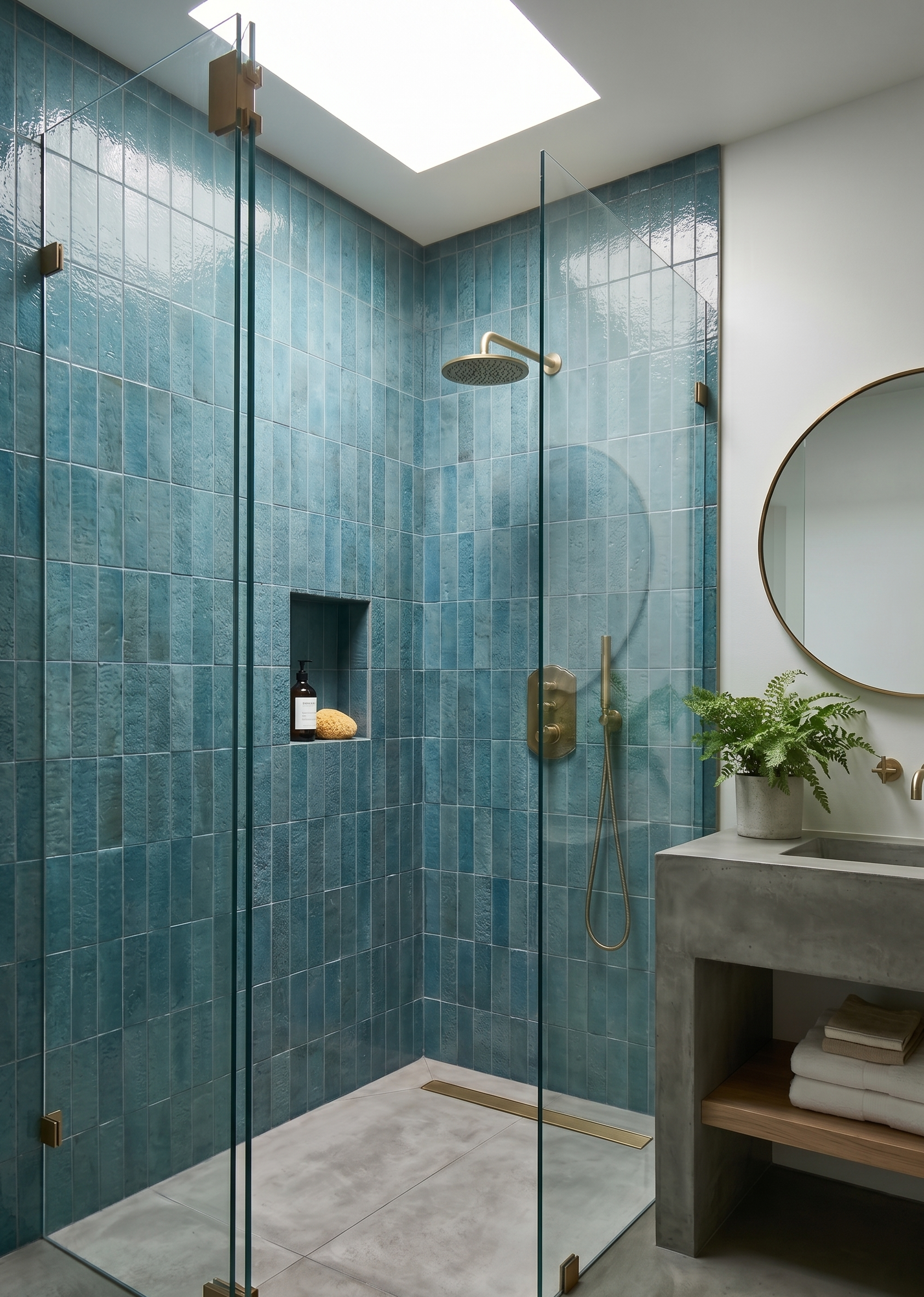 Botanical Teal 2.5x8 Glazed Thin Brick by Clay Imports, vertically installed on shower walls with a textured finish and brass fixtures.
