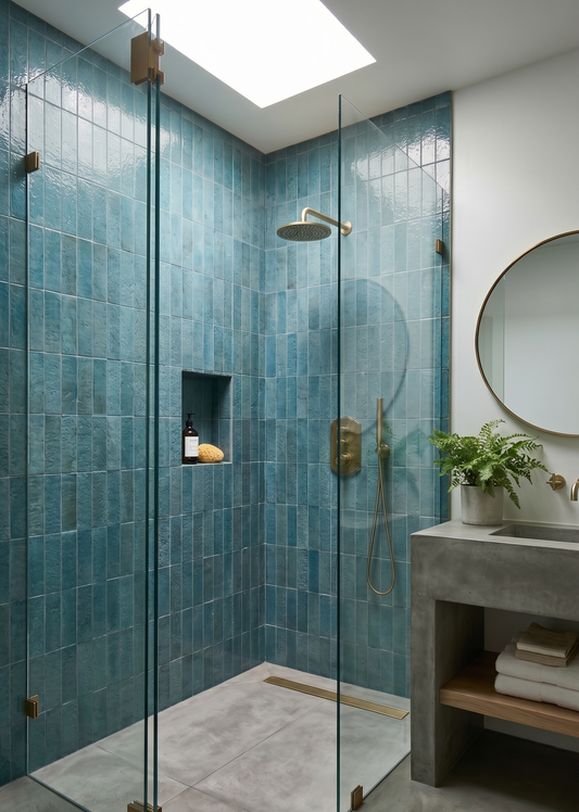 Botanical Teal 2.5x8 Glazed Thin Brick by Clay Imports, vertically installed on shower walls with a textured finish and brass fixtures.