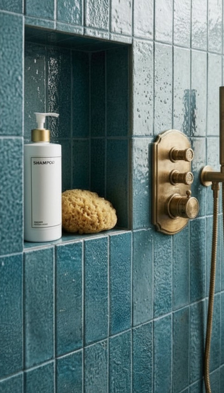 Botanical Teal 2.5x8 Glazed Thin Brick by Clay Imports with a textured finish, vertically laid in a shower niche, wet with water droplets.